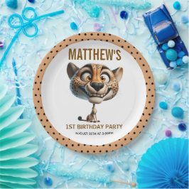 Cute Crazy Cheetah Farm Theme 1st Birthday Pappteller
