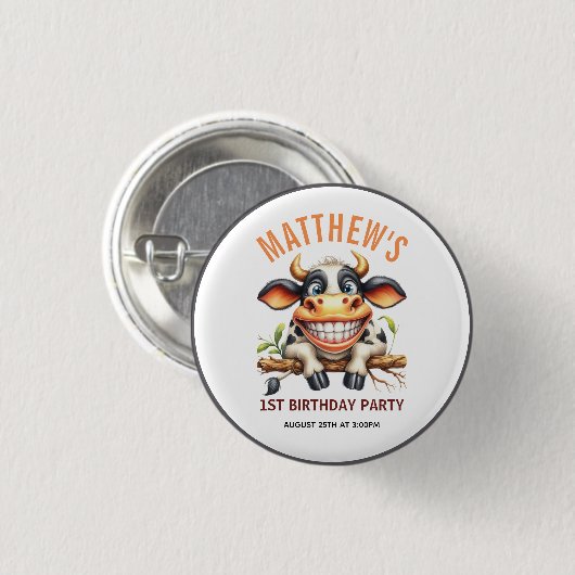 Cute Crazy Cow Farm Theme 1st Birthday Button (Vorne & Hinten)
