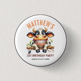 Cute Crazy Cow Farm Theme 1st Birthday Button