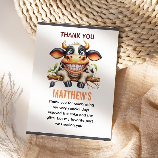 Cute Crazy Cow Farm Theme 1st Birthday Dankeskarte