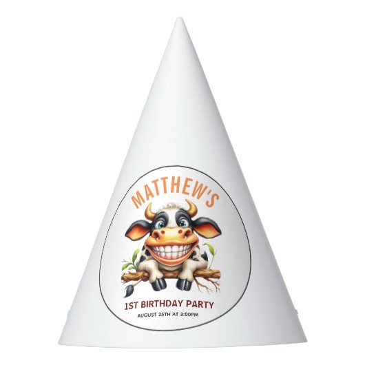 Cute Crazy Cow Farm Theme 1st Birthday Partyhütchen (Vorderseite)