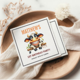 Cute Crazy Cow Farm Theme 1st Birthday Serviette