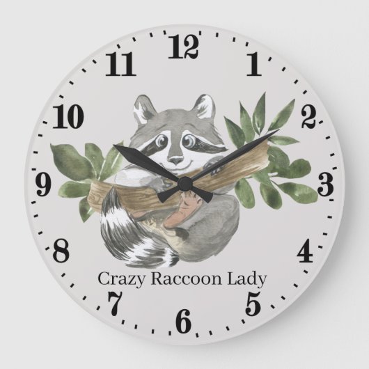 cute crazy raccoon lady add text große wanduhr (Vorderseite)