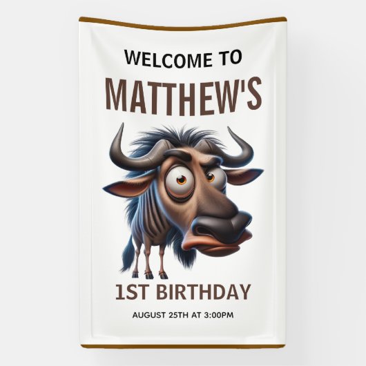 Cute Crazy Wildebeest Farm Theme 1st Birthday Banner (Vertikal)