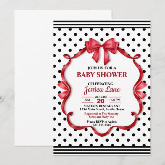 Cute Crimson Bow Baby Shower Invitation Einladung (Vorne/Hinten)