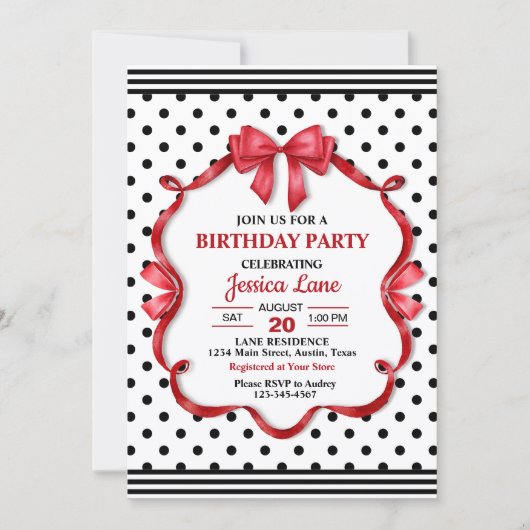 Cute Crimson Bow Birthday Invitation Einladung (Vorderseite)