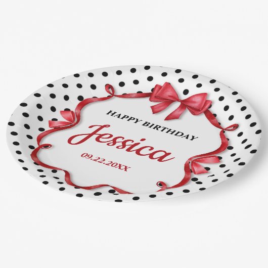 Cute Crimson Bow Birthday Pappteller (Schrägansicht)
