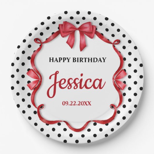 Cute Crimson Bow Birthday Pappteller (Vorderseite)