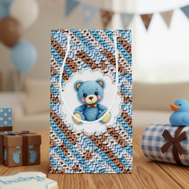 Cute Crochet Teddy Bear Blue and Brown Kleine Geschenktüte