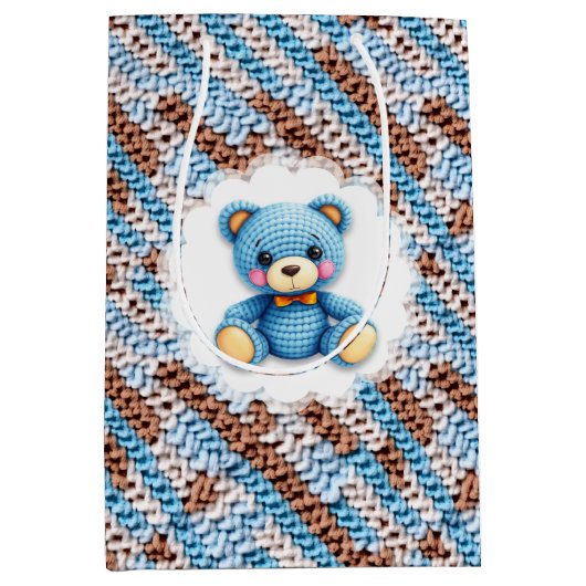 Cute Crochet Teddy Bear Blue and Brown Mittlere Geschenktüte (Vorderseite)