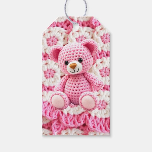 Cute Crocheted Teddy Bear Girl's Baby Shower Geschenkanhänger (Vorderseite)