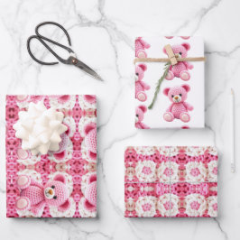 Cute Crocheted Teddy Bear Girl's Baby Shower Geschenkpapier Set