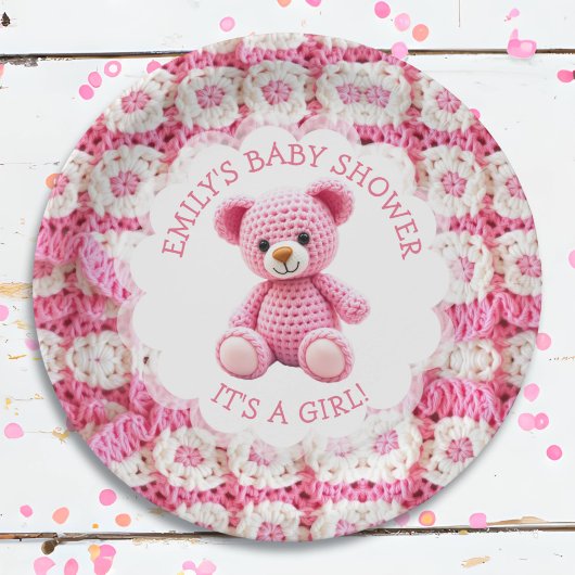 Cute Crocheted Teddy Bear Girl's Baby Shower Pappteller
