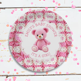 Cute Crocheted Teddy Bear Girl's Baby Shower Pappteller