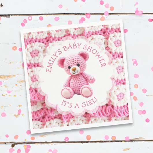Cute Crocheted Teddy Bear Girl's Baby Shower Serviette