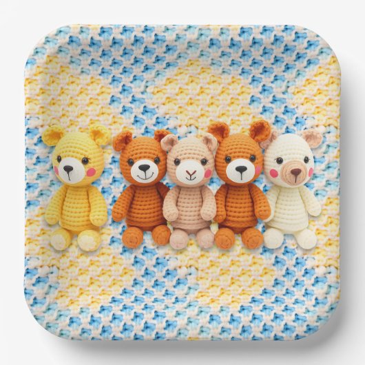 Cute Crocheted Teddy Bears Boy's Baby Shower Pappteller (Vorderseite)