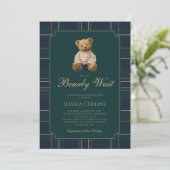 Cute Cub Blue Green We Can Bearly Wait Baby Shower Einladung (Stehend Vorderseite)