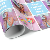 Cute Custom 3 Photo Modern Retro Blue Pattern Geschenkpapier (Rolleneckpunkt)