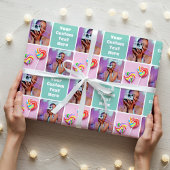 Cute Custom 3 Photo Modern Retro Green Pattern Geschenkpapier