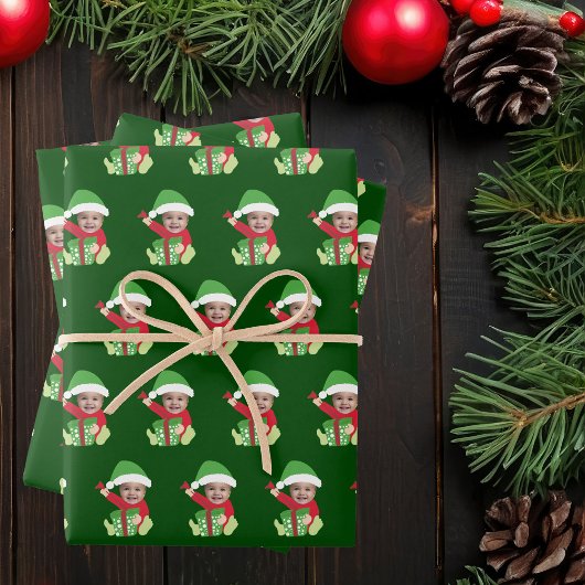 Cute Custom Baby Face Photo Elf Christmas Geschenkpapier Set