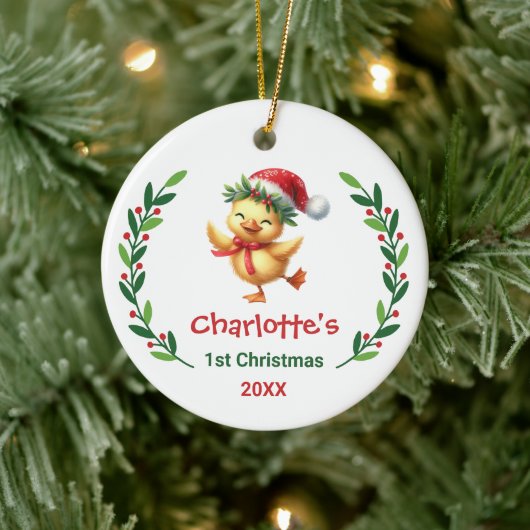 Cute Custom Baby's First Christmas Festive Duck Keramik Ornament (Baum)