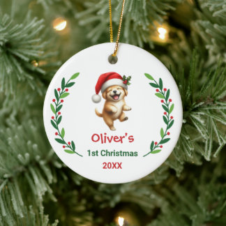 Cute Custom Baby's First Christmas Festive Puppy Keramik Ornament