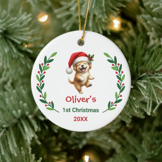 Cute Custom Baby's First Christmas Festive Puppy Keramik Ornament (Baum)
