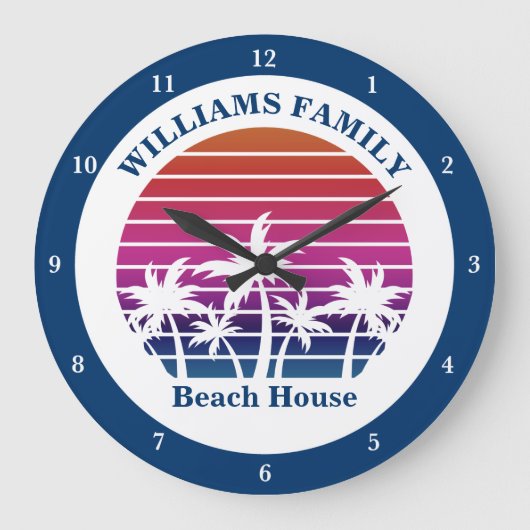Cute Custom Beach House Palm Tree Tropical Sunset Große Wanduhr (Vorderseite)