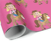 Cute Custom Cowgirl Blonde Kids Face Photo Pink Geschenkpapier (Rolleneckpunkt)