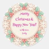 Cute Custom Merry Christmas & Happy New Year Holly Runder Aufkleber (Vorderseite)