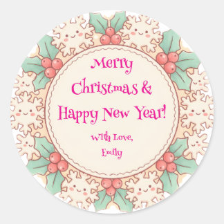 Cute Custom Merry Christmas & Happy New Year Holly Runder Aufkleber