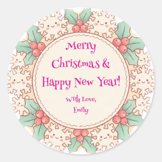 Cute Custom Merry Christmas & Happy New Year Holly Runder Aufkleber (Vorderseite)
