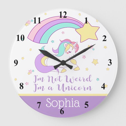 Cute Custom Personalized Magical Rainbow Unicorn Große Wanduhr (Vorderseite)