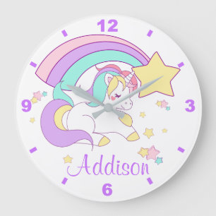 Cute Custom Personalized Magical Rainbow Unicorn Große Wanduhr