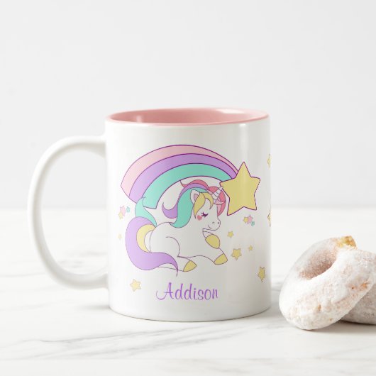 Cute Custom Personalized Magical Rainbow Unicorn Zweifarbige Tasse (Mit Donut)