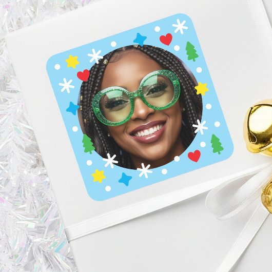 Cute Custom Photo Holiday Retro Blue Christmas Quadratischer Aufkleber