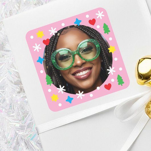 Cute Custom Photo Holiday Retro Pink Christmas Quadratischer Aufkleber