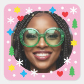 Cute Custom Photo Holiday Retro Pink Christmas Quadratischer Aufkleber (Vorderseite)