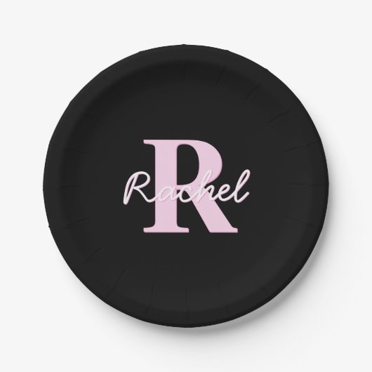 Cute Customizable Monogram | Light Pink & Black Pappteller (Vorderseite)