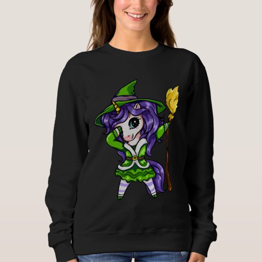 Cute Dabbing Unicorn Girl Witch With Broom Hallowe Sweatshirt (Vorderseite)