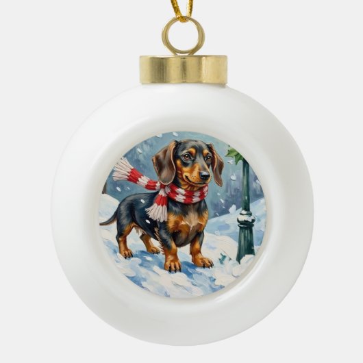 Cute Dachshund Puppy Cozy Winter Scarf Art Keramik Kugel-Ornament (Vorderseite)
