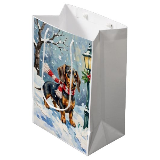Cute Dachshund Puppy Cozy Winter Scarf Art Mittlere Geschenktüte (Vorderseite Schrägansicht)