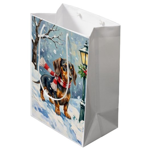 Cute Dachshund Puppy Cozy Winter Scarf Art Mittlere Geschenktüte (Rückseite Schrägansicht)