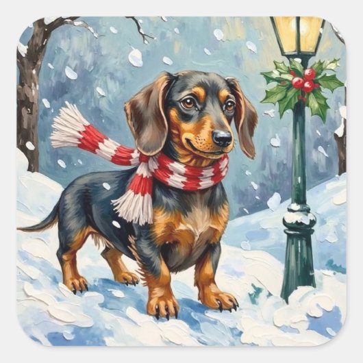 Cute Dachshund Puppy Cozy Winter Scarf Art Quadratischer Aufkleber (Vorderseite)