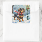 Cute Dachshund Puppy Cozy Winter Scarf Art Quadratischer Aufkleber (Tasche)