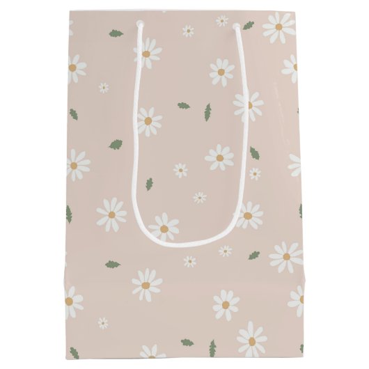 Cute Daisy Floral Blossoms & Greenery Mittlere Geschenktüte (Rückseite)