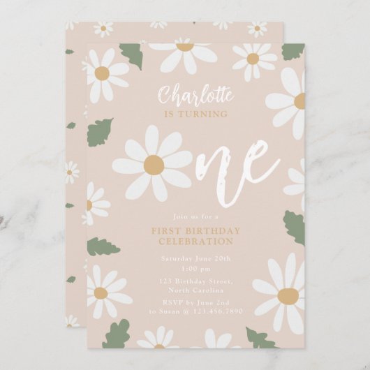 Cute Daisy Flower 1st Birthday Girl Pink Einladung (Vorne/Hinten)