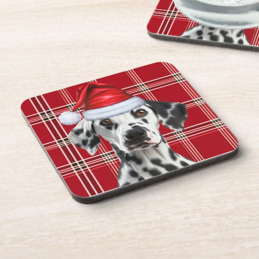 Cute Dalmatian Santa Dog Red Holiday Plaid Getränkeuntersetzer (Linke Seite)