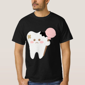 Cute decayed tooth cartoon holding lollipop funny  T-Shirt