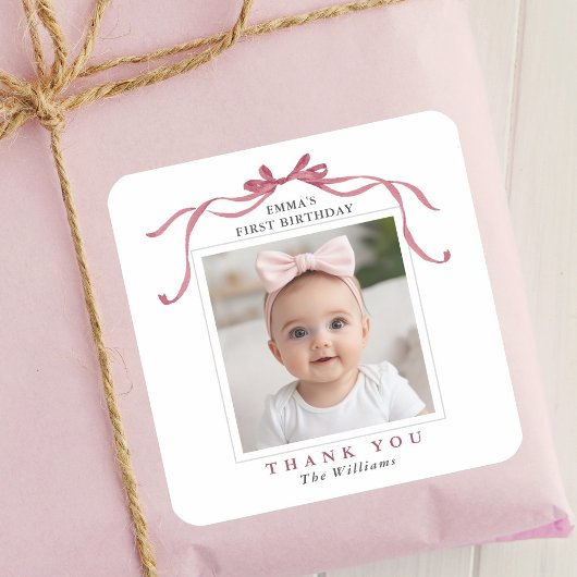 Cute Deep Blush Pink Bow Birthday Thank You Quadratischer Aufkleber